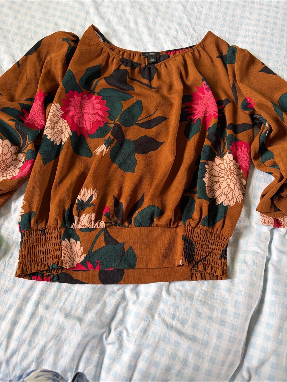 Ann Taylor Rust Floral Smocked-Hem Blouse with Pink Blooms and Green Leaves